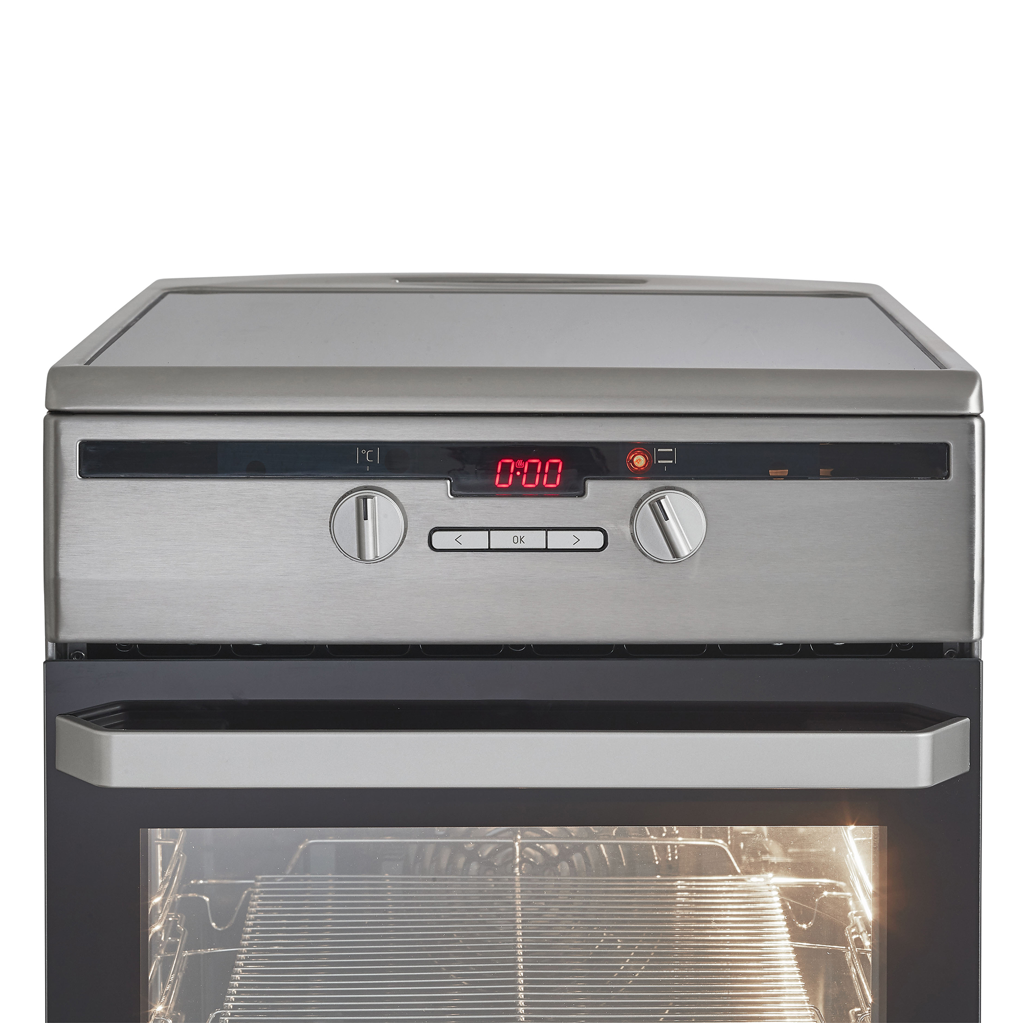 Stainless steel oven with digital display showing 0:00 and two control knobs.