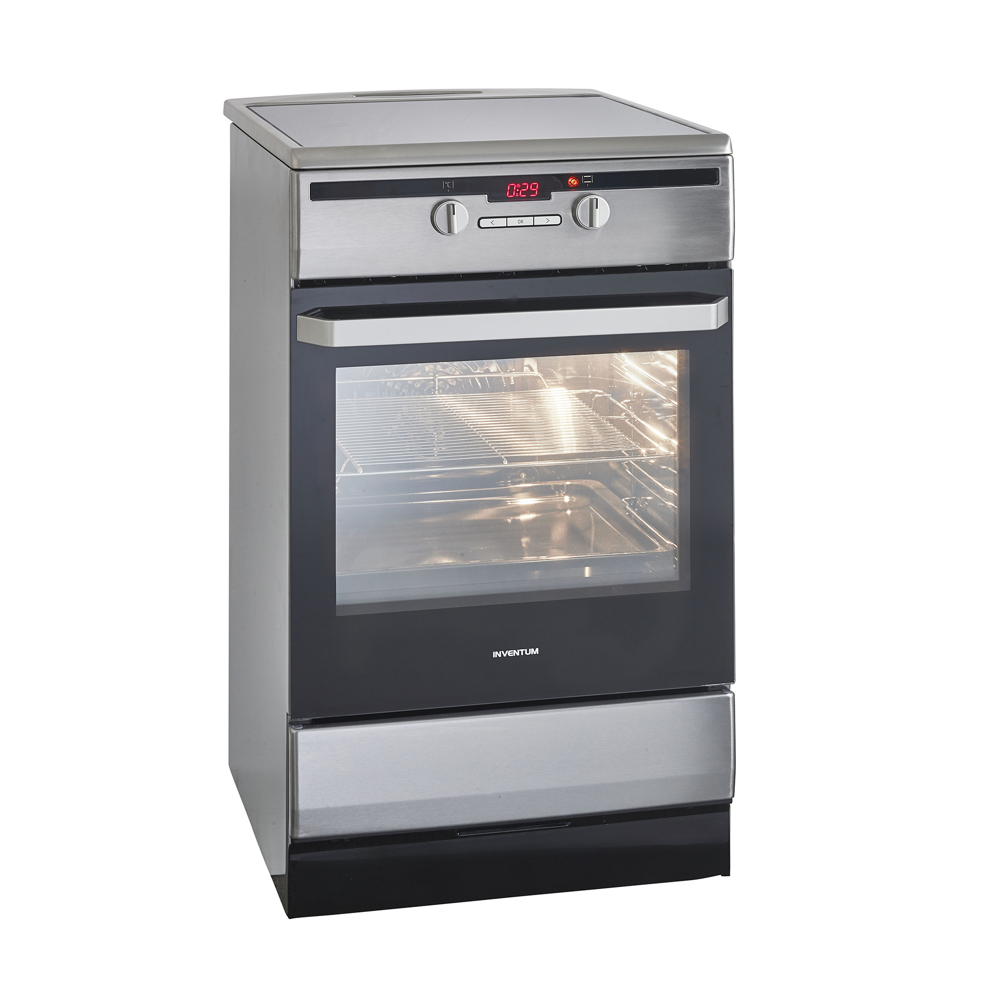 Stainless steel and black oven with a digital display and a glass door.