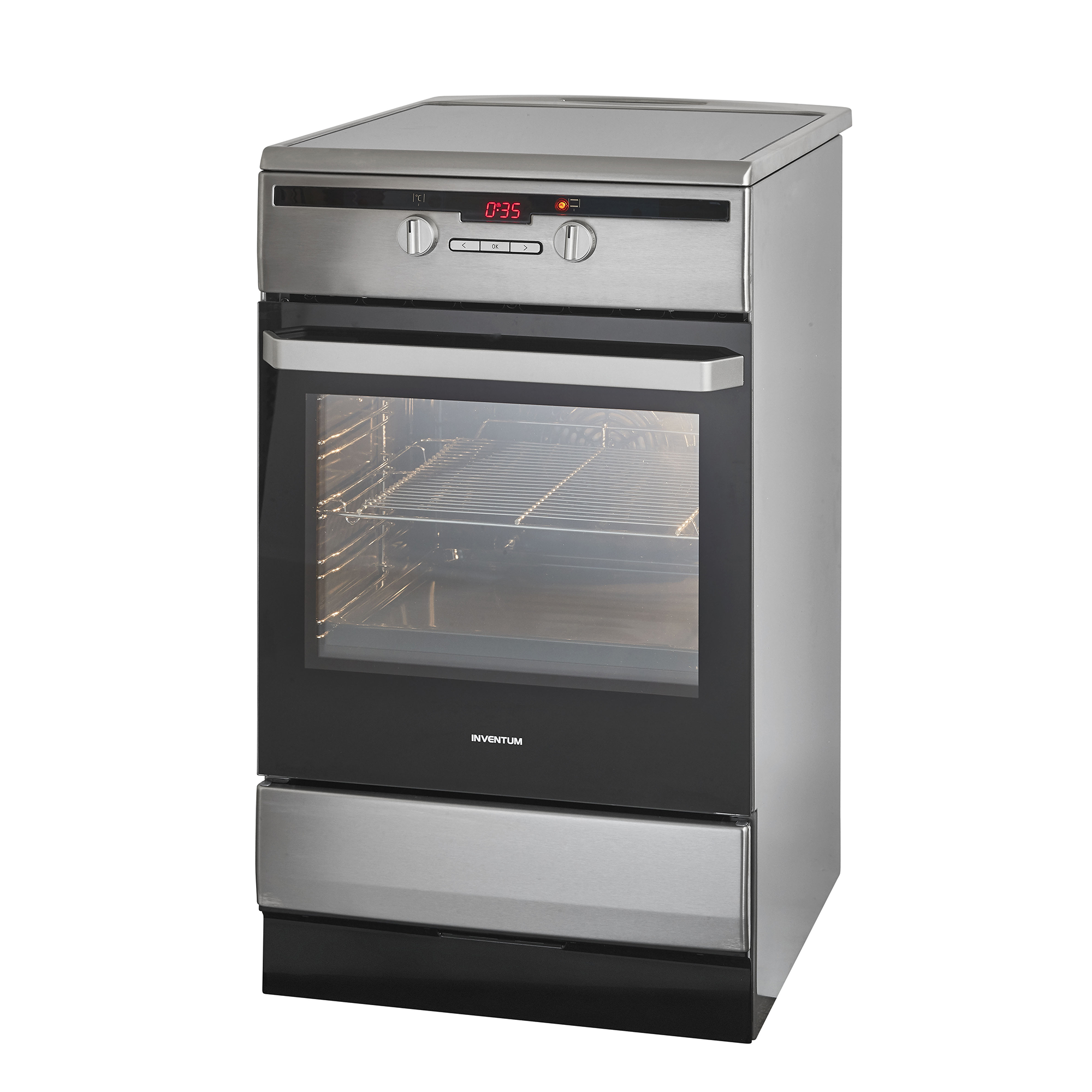 Stainless steel oven. Black glass door, digital display on top. Modern design, white background.