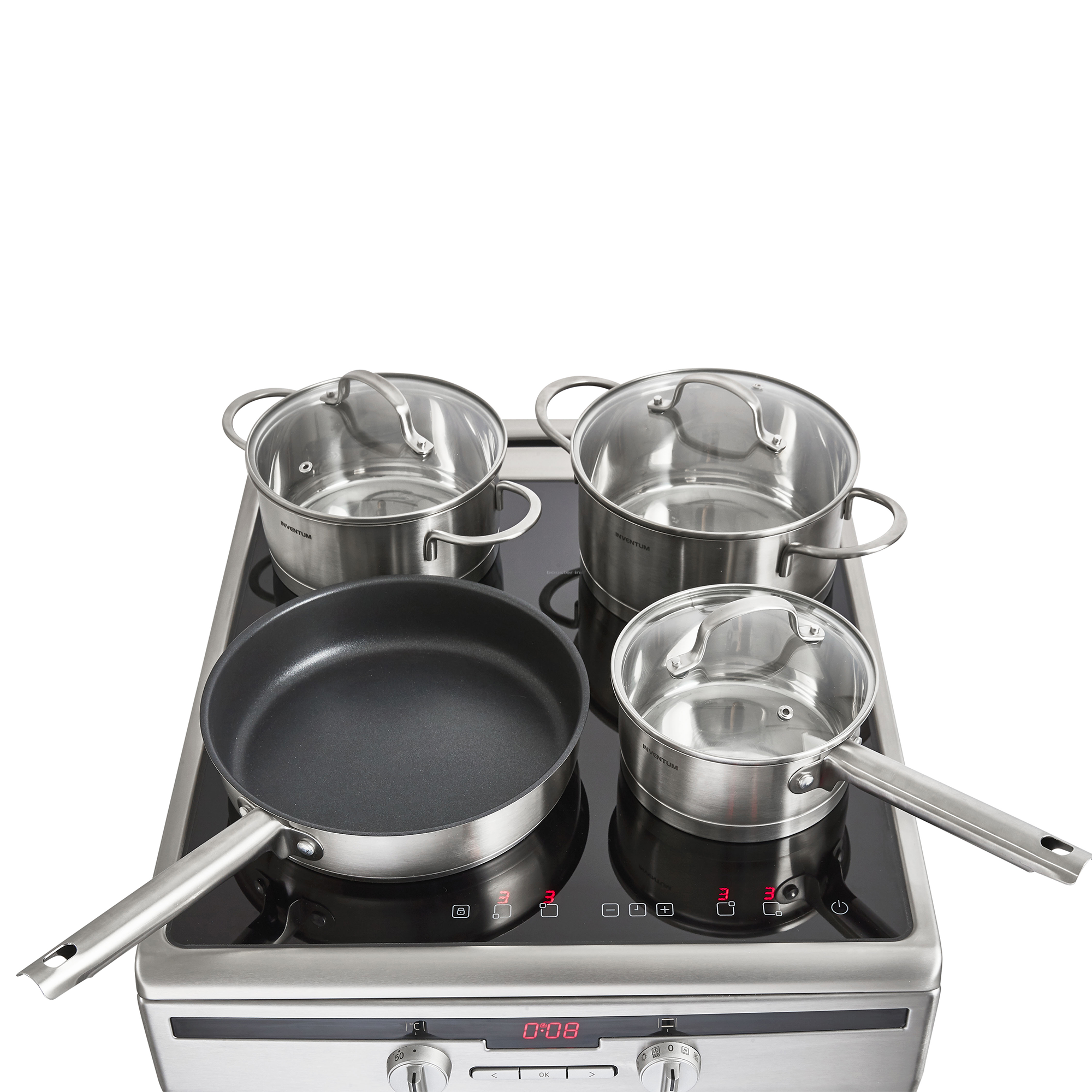 Cooktop with four stainless steel pots and pans. Each has a glass lid.