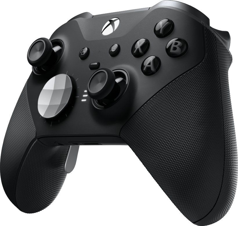 Un controller nero Xbox Elite Series 2 con pulsanti e joystick, vista angolata.