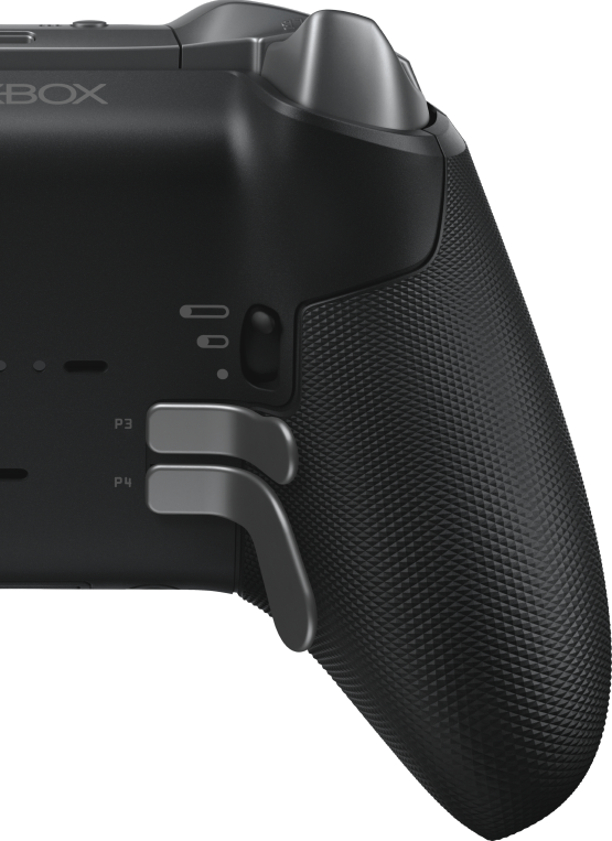 Il retro di un controller Xbox nero con pulsanti.