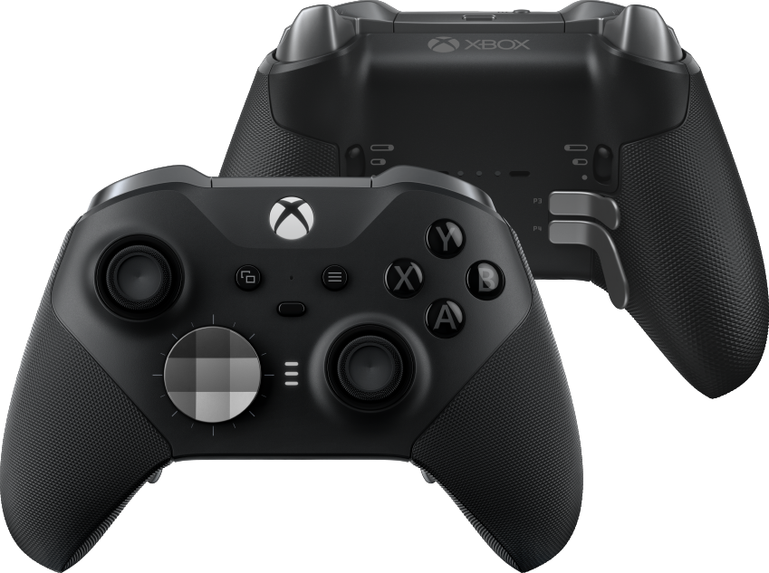 Due controller Xbox neri. Una vista frontale, una posteriore. Entrambi hanno pulsanti e joystick.