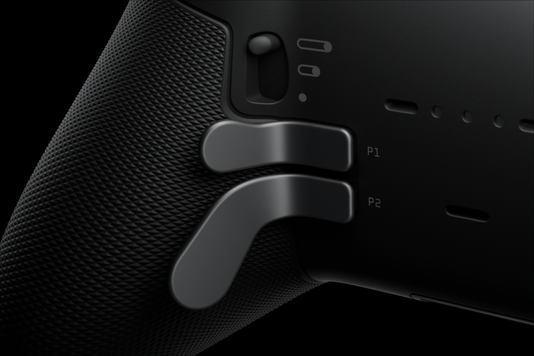 Retro del controller nero, con pulsanti P1 e P2 e un grilletto.