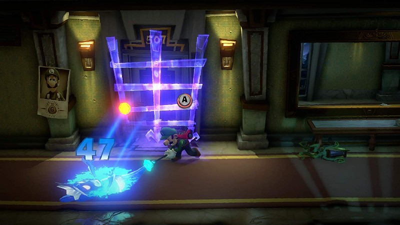 Luigi en un juego con un rayo, luz azul y una moneda de oro.