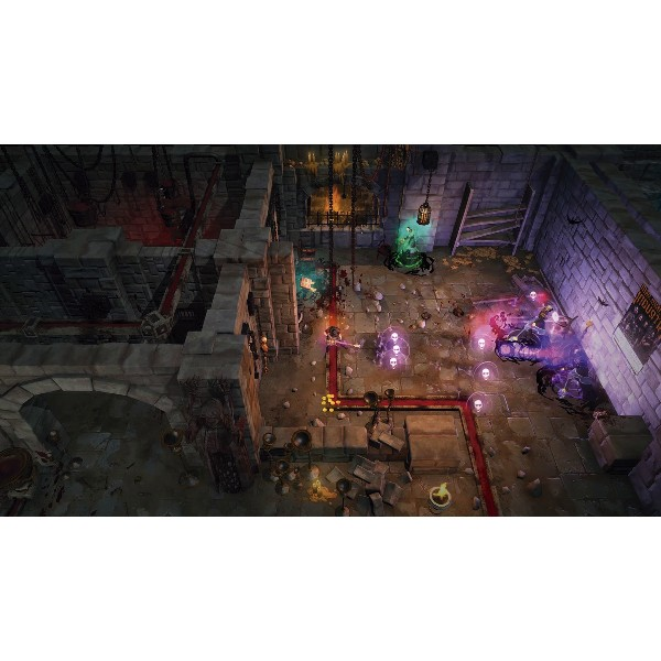 Vista desde arriba de una escena de videojuego. Personajes luchan en una mazmorra. Líneas rojas y efectos mágicos.