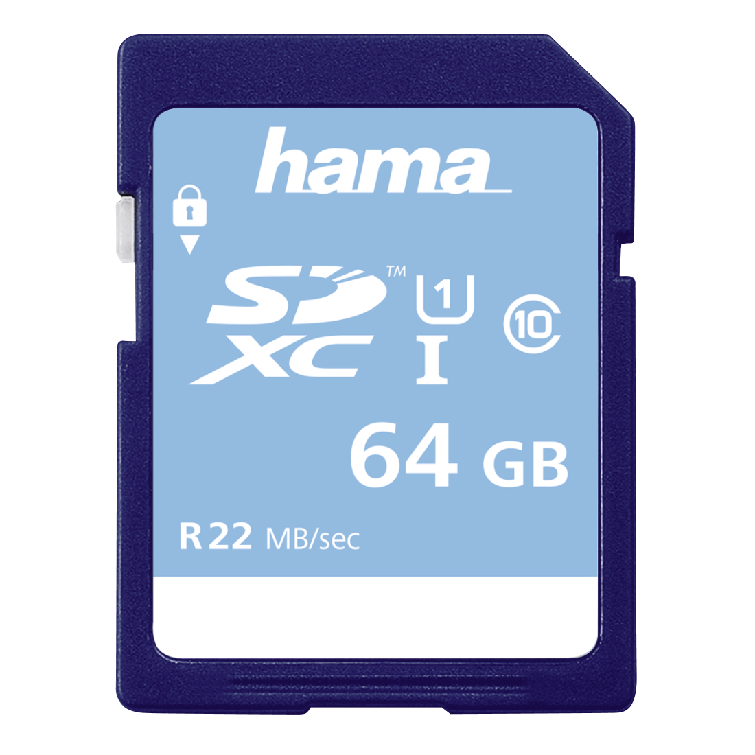 Blaue Hama SDXC 64 GB Speicherkarte mit weißem Text und einem Schloss-Symbol.