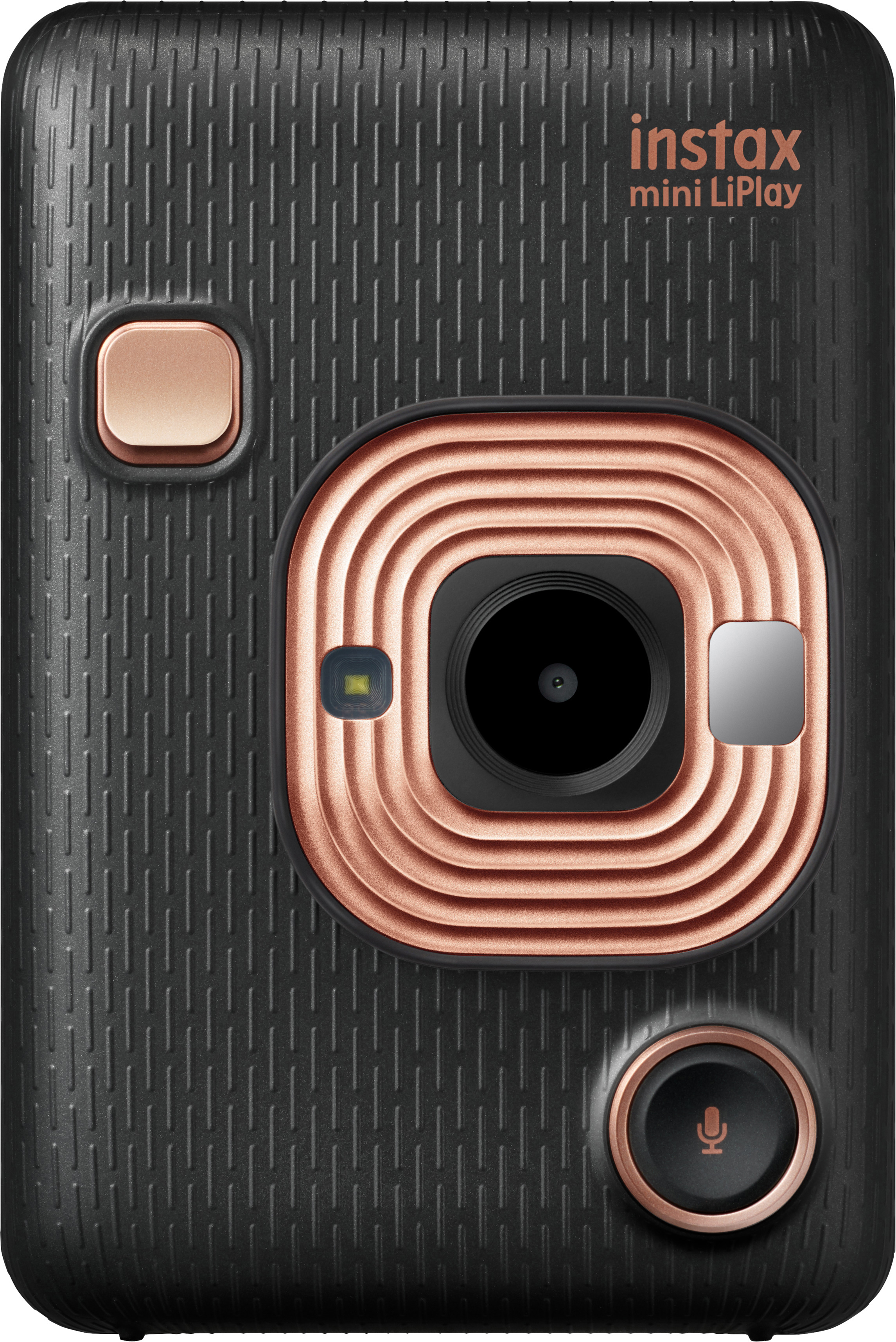 Schwarze Instax-Kamera mit roségoldfarbenem Rahmen um das Objektiv und Knöpfe.