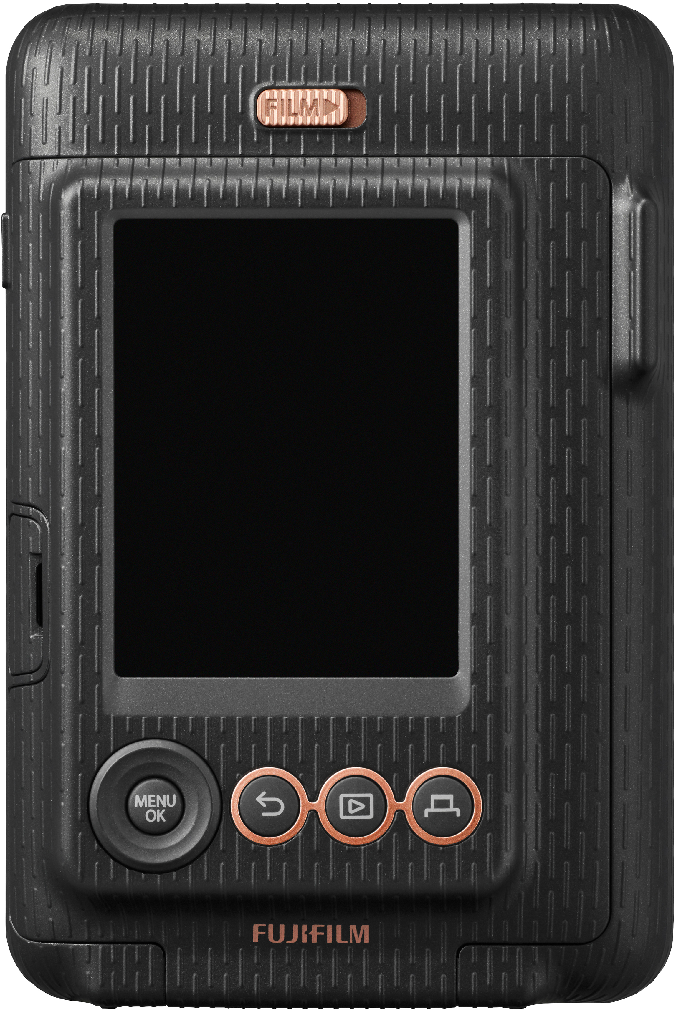 Rückseite einer schwarzen Fujifilm-Kamera. Bildschirm und Funktionstasten sind sichtbar. Oberfläche hat Muster.