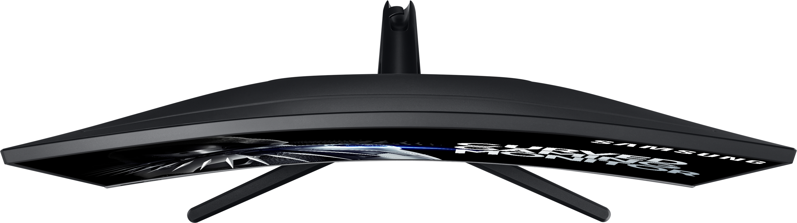 Gebogener schwarzer Samsung-Monitor mit Ständer, Draufsicht und Samsung-Logo.