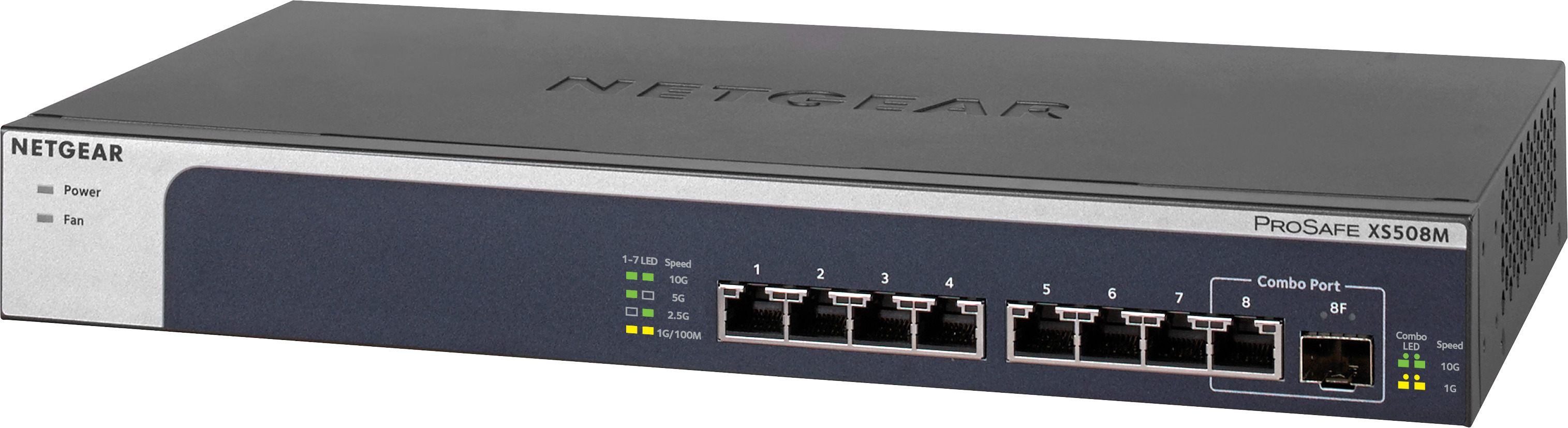 Schwarzer Netgear ProSafe Switch mit Anschlüssen und LED-Leuchten. Oben steht 'NETGEAR'.