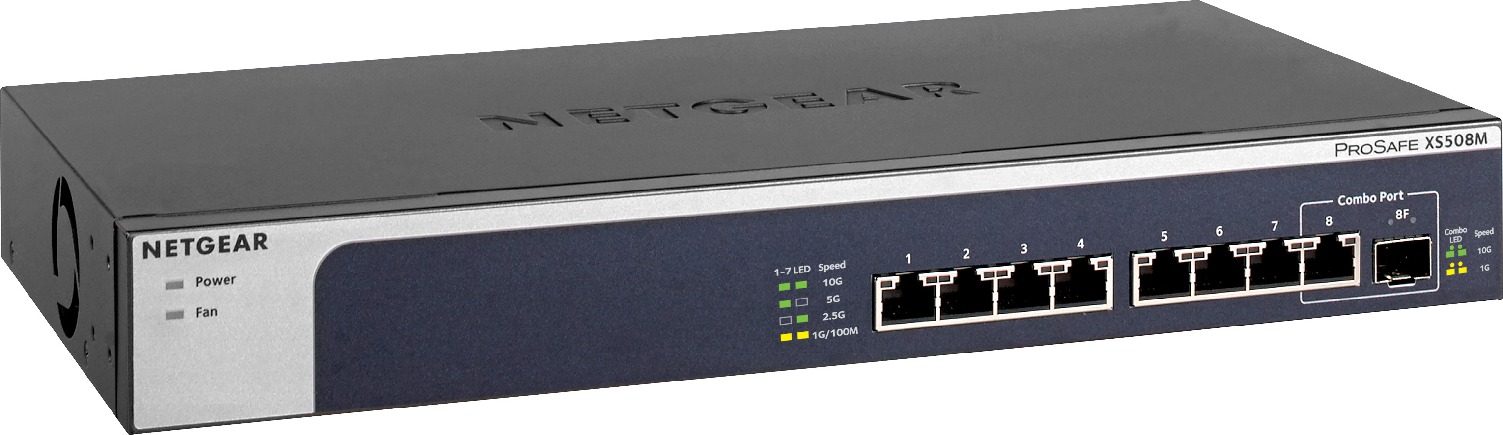 Schwarzer NETGEAR ProSAFE X550BM Switch mit Anschlüssen und Anzeigen.