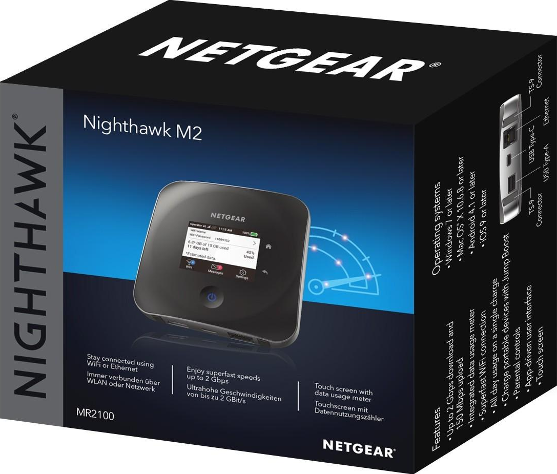 Netgear Nighthawk M2 Box. Sie ist schwarz mit weißem Text und einem Bild des Geräts.