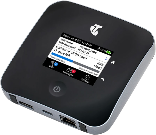 Ein mobiles 4G-WLAN-Gerät von Telstra. Kleiner Bildschirm zeigt WLAN-Details und Nutzungsinformationen. Schwarz und Silber.