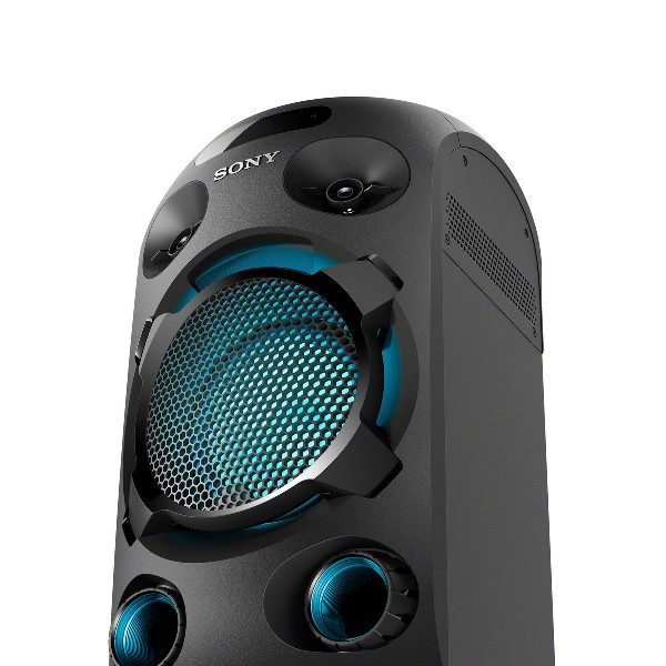 Altavoz negro y azul con frontal de panal y logotipo de Sony.