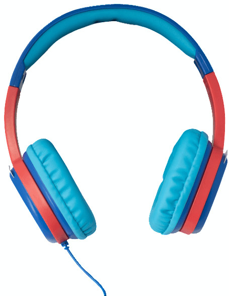Casque audio bleu et rouge sur fond blanc.