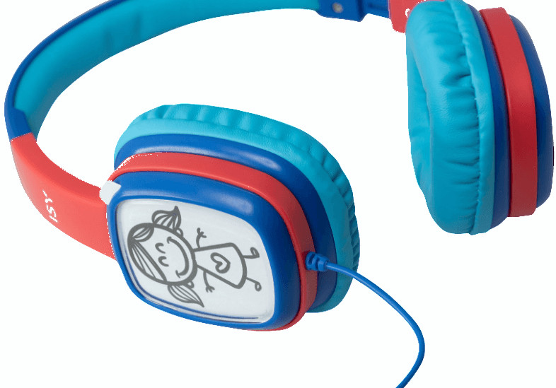 Casque audio enfant bleu et rouge avec un dessin animé sur l'écouteur.