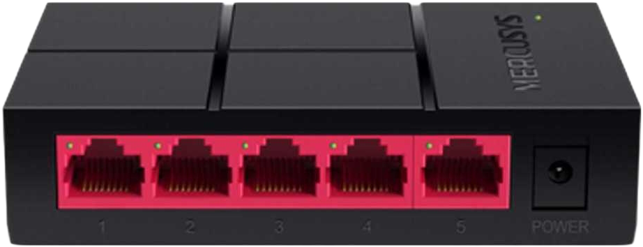 Fekete Mercusys hálózati switch öt piros porttal. A táp- és LAN-jelzők láthatók.