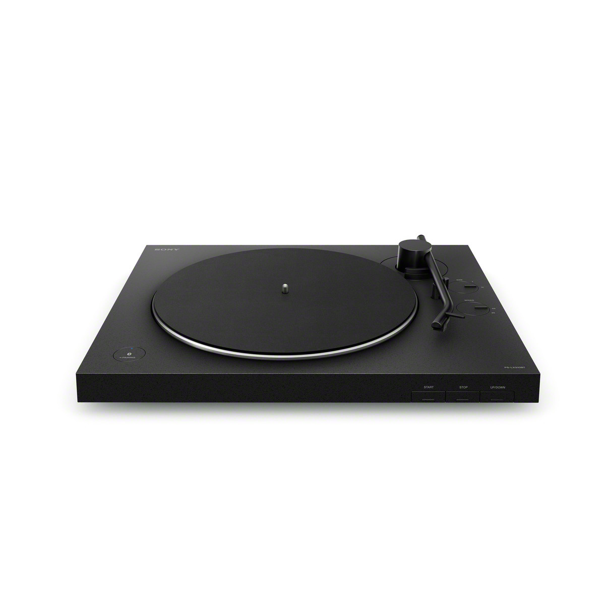 Tocadiscos Sony negro con plato y brazo tonal negro sobre blanco.