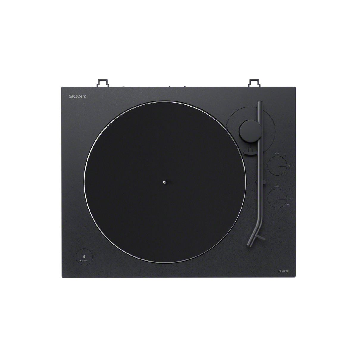 Vista superior de un tocadiscos Sony negro. Incluye plato negro, brazo y controles.