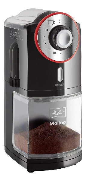 Molinillo de café - Melitta Molino, 17 ajustes de molienda, 14 tazas, Depósito café 200 g, Negro y rojo