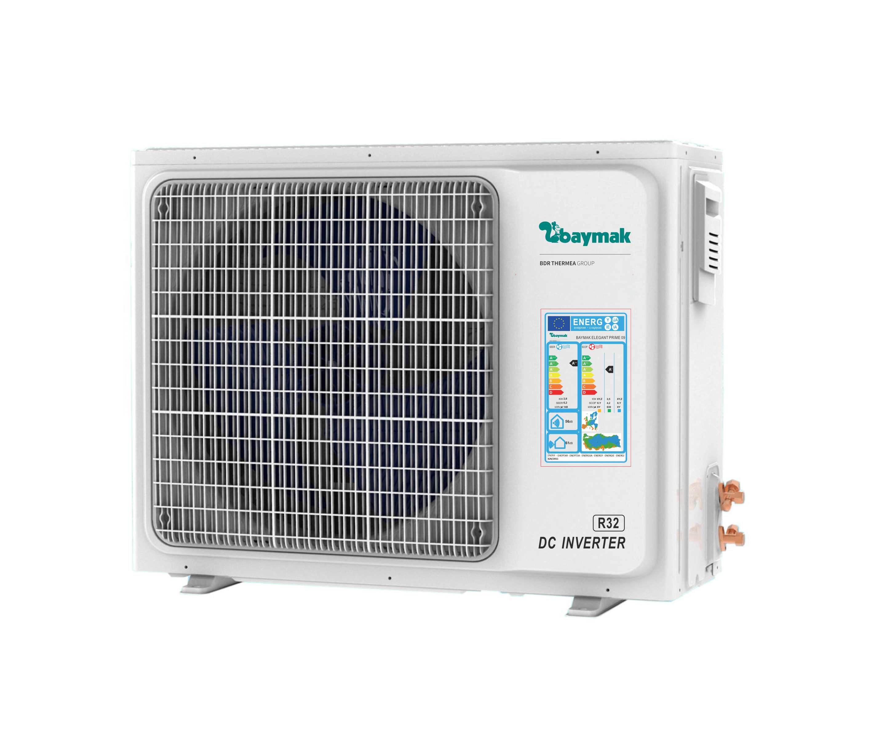 Beyaz Baymak DC Inverter klima ünitesi, fan ve kontrol paneli görünür durumda.