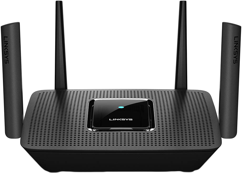 Fekete Linksys router négy antennával. Négyzet alakú, kijelzővel és Linksys logóval. A tetején szellőzőnyílások találhatók.