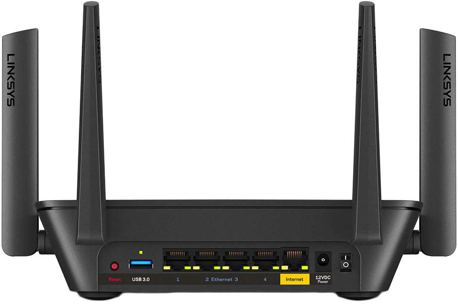 Fekete Linksys router antennákkal. Portok: USB 3.0, Ethernet és árambemenet. A Linksys logó látható.