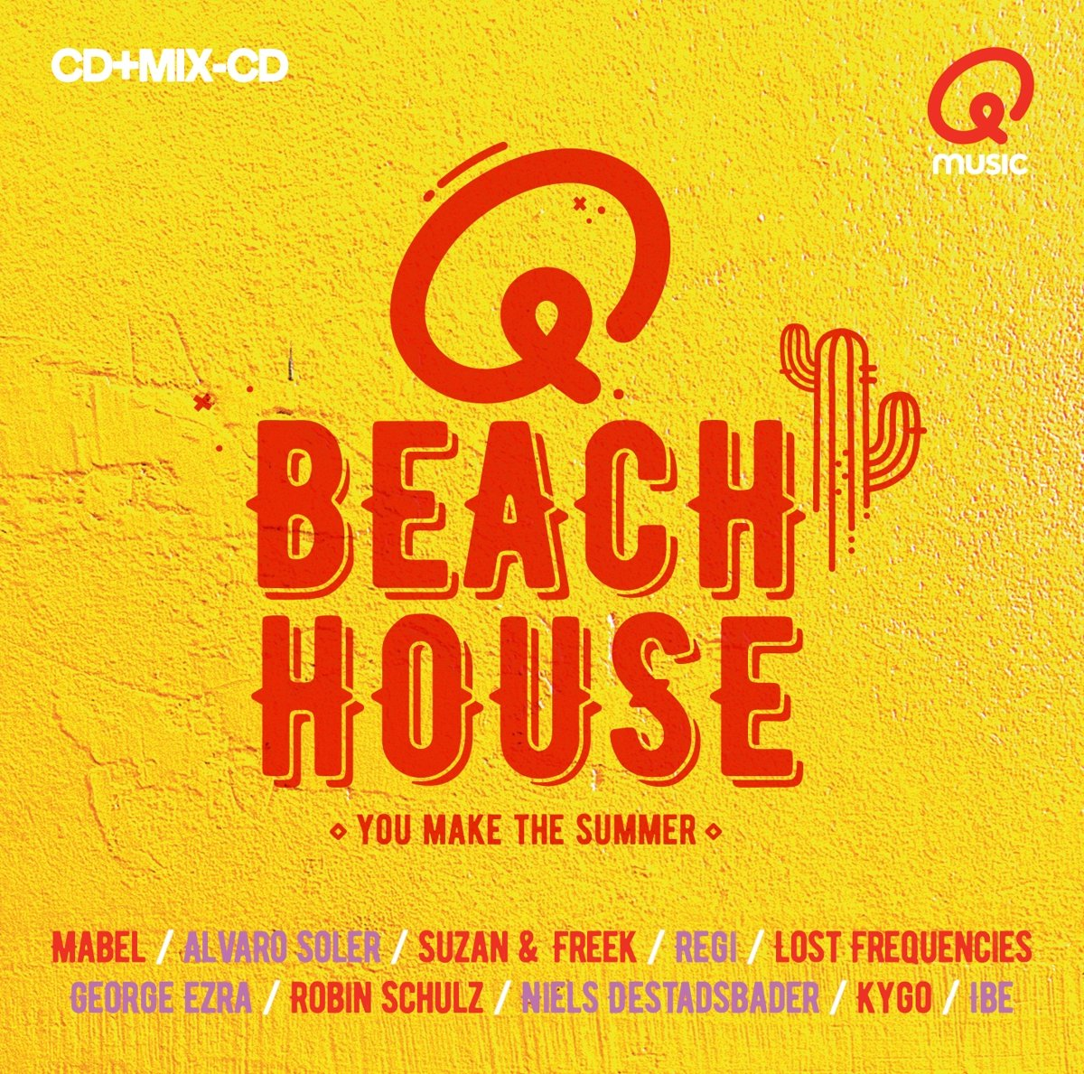 Een cd-hoes met de tekst 'Q Beach House' op een gele achtergrond met andere artiesten vermeld.