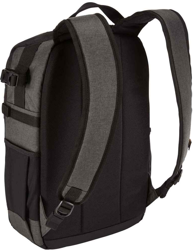 Ein grauer und schwarzer Rucksack mit gepolsterten Schultergurten und mehreren Fächern. Die Tasche wird von hinten und von der Seite betrachtet.