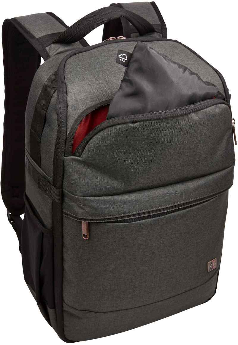 Ein dunkelgrauer Rucksack mit mehreren Taschen und einem Case Logic Logo.