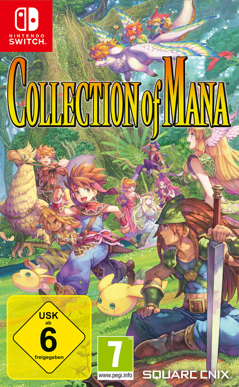 Nintendo Switch Spielbox: 'Collection of Mana'. Anime-Charaktere in einer Waldszene.