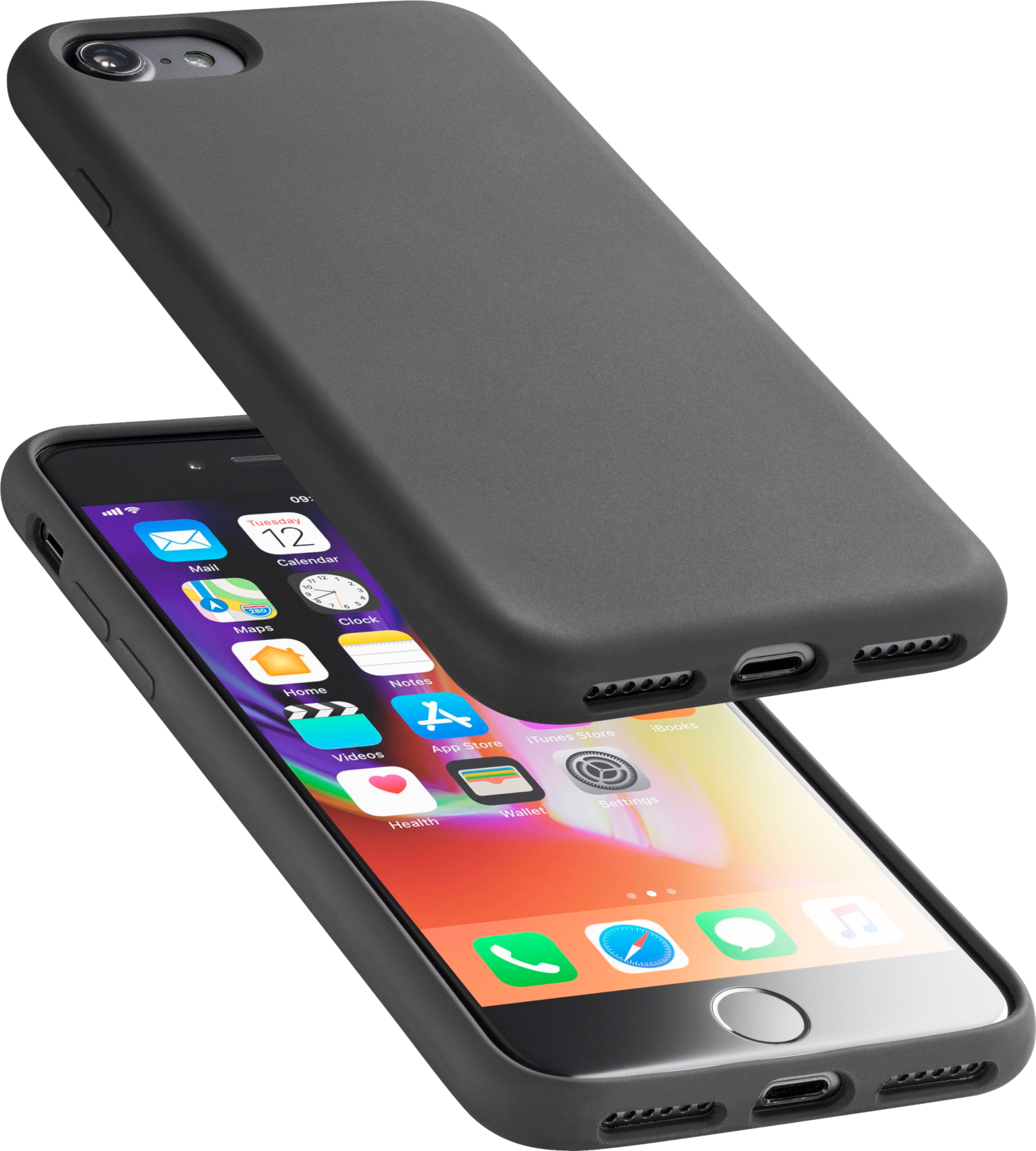 Zwarte iPhone 7 met een zwarte hoes. De telefoon ligt op een zwart oppervlak. De hoes ligt erboven.