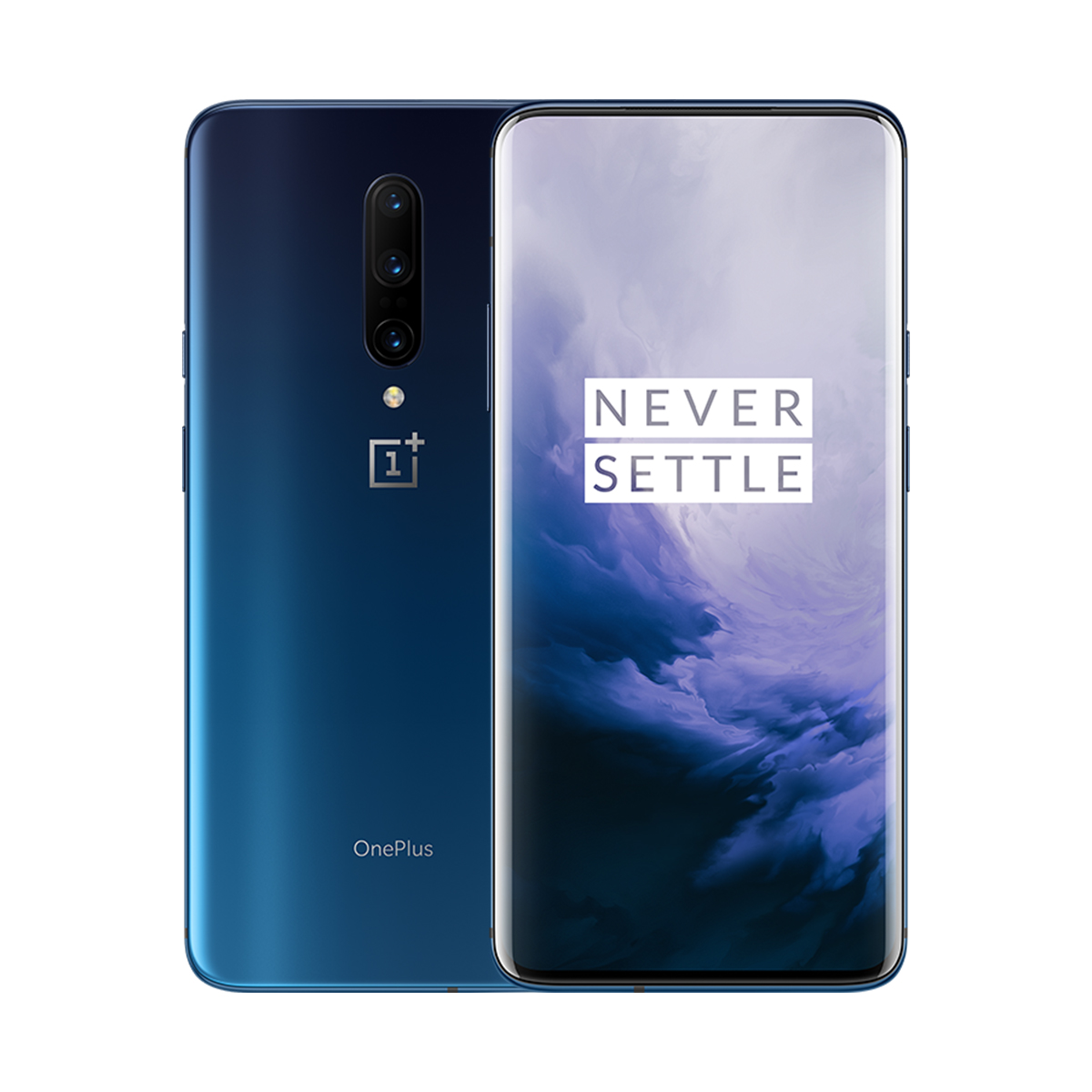 Un teléfono OnePlus degradado azul con triple cámara y las palabras "NEVER SETTLE" en la pantalla.