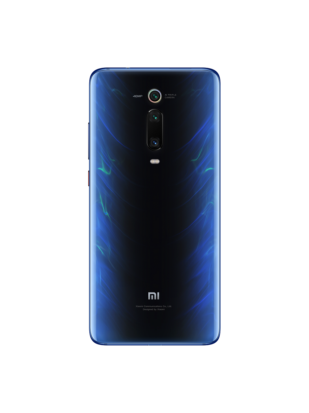 La parte trasera de un teléfono Xiaomi con un degradado azul oscuro y una cámara triple vertical. El logotipo de Xiaomi está en la parte inferior.