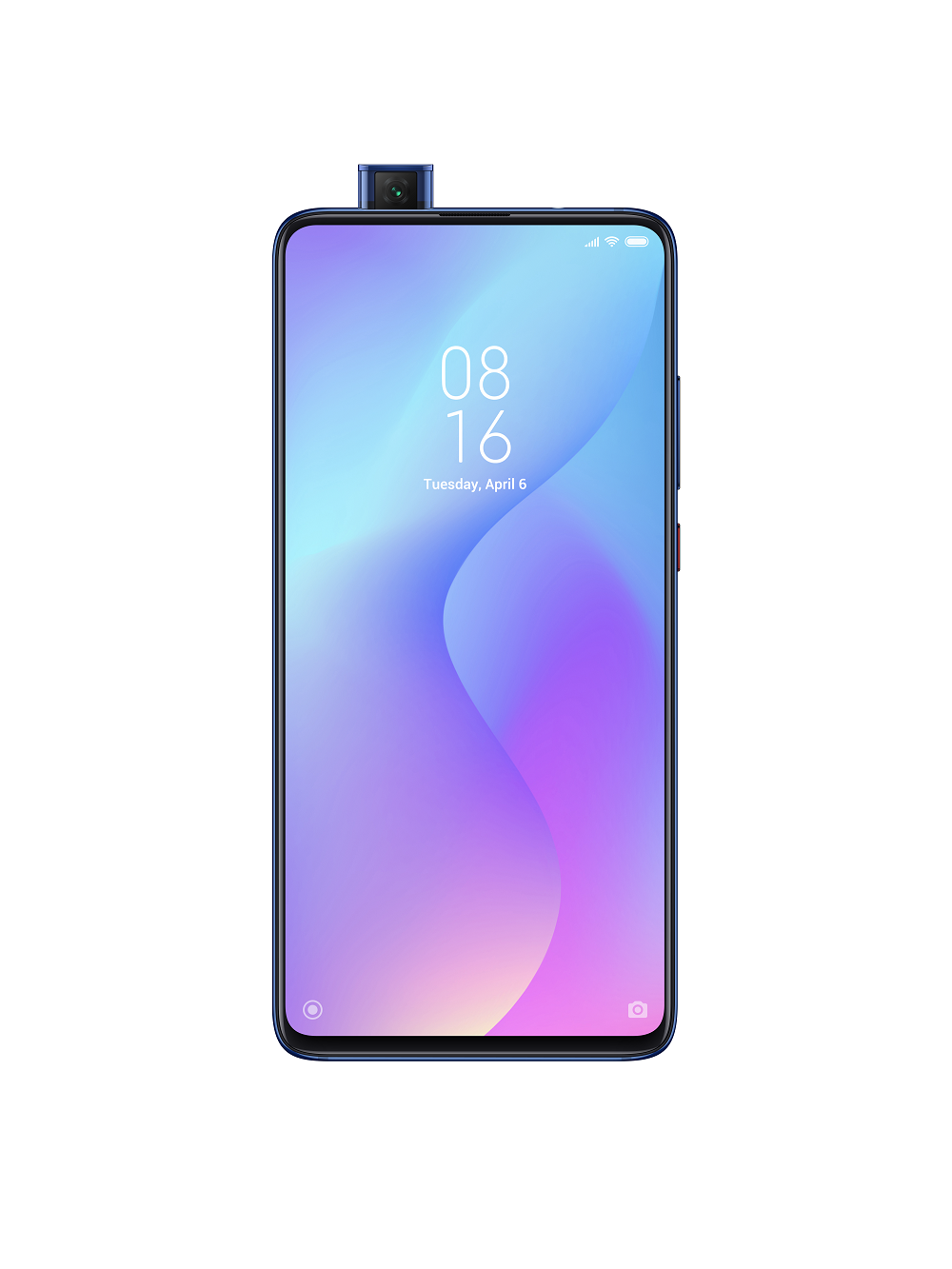 Un smartphone con cámara emergente sobre fondo blanco. La pantalla muestra hora y fecha con un fondo de gradiente.