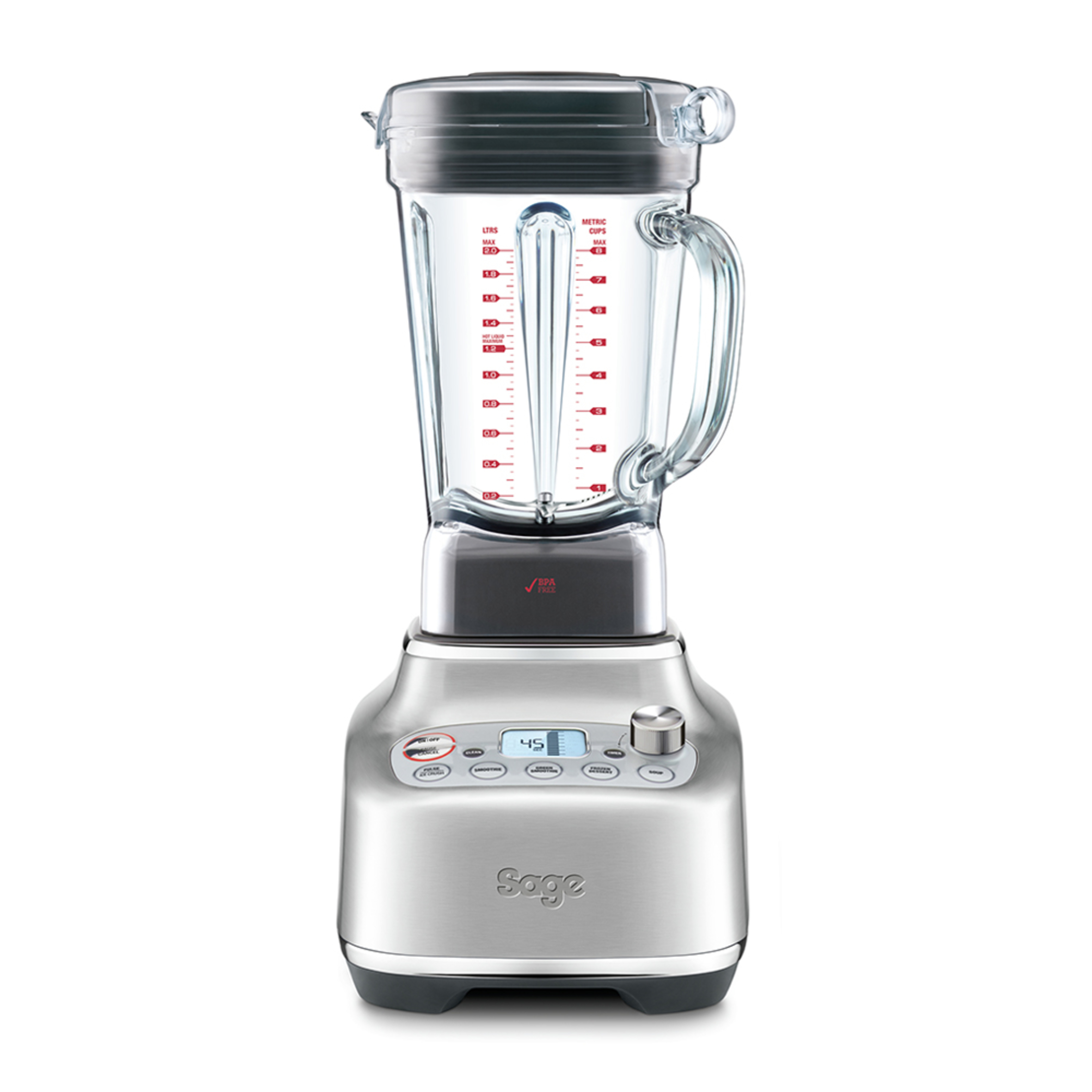 Silberner Mixer mit einem transparenten Krug. Der Sockel hat ein digitales Display und einen Knopf.