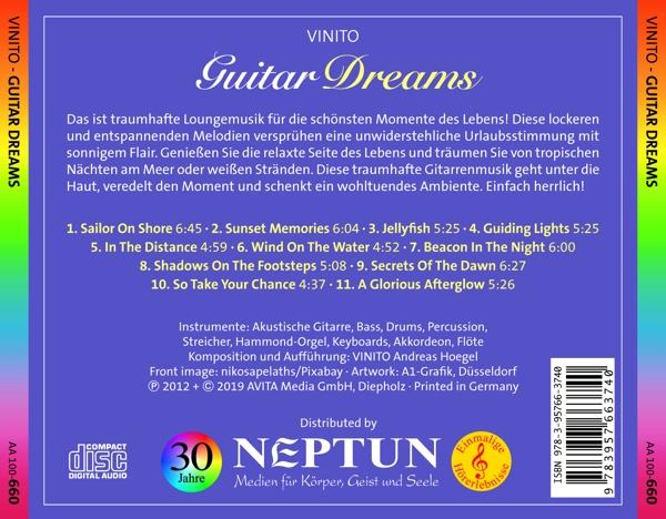 CD-Cover: blauer Hintergrund, Text in Weiß und Gold. Titel: Guitar Dreams von Vinito.