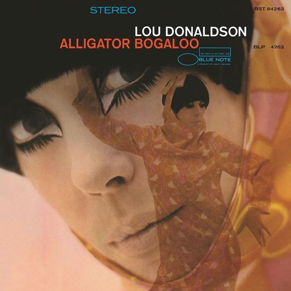 Pochette d'album : 'Lou Donaldson' et 'Alligator Bogaloo'. Visage de femme superposé, silhouette orange.