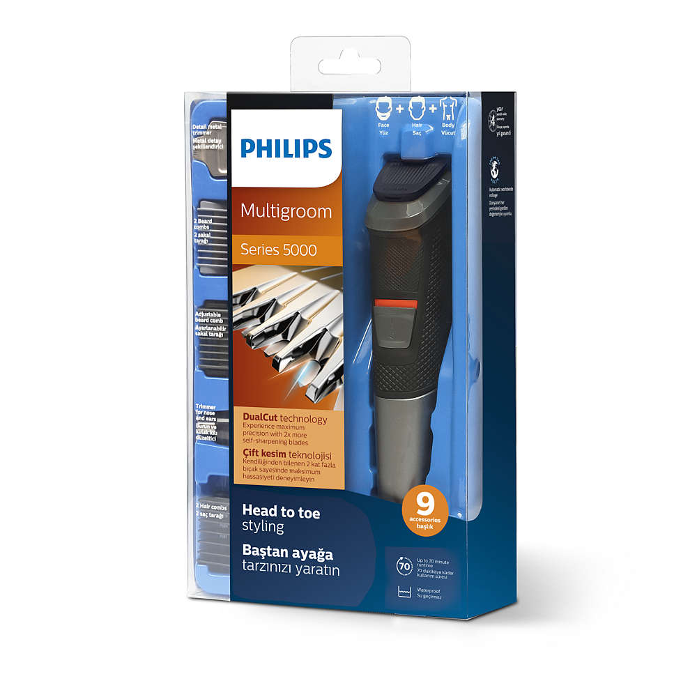 Philips Multigroom Series 5000 paketi, aksesuarlar gösteriliyor.
