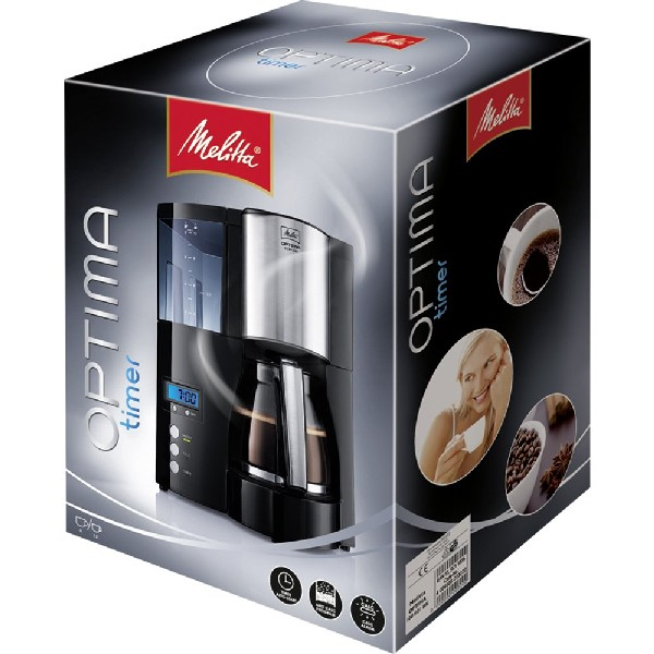 Caja de cafetera con cafetera. Diseño negro y plateado.