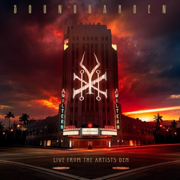 Soundgarden-Albumcover. Gebäude mit Symbol, Schriftzüge "Wiltern" und "Soundgarden". Sonnenuntergang im Hintergrund.