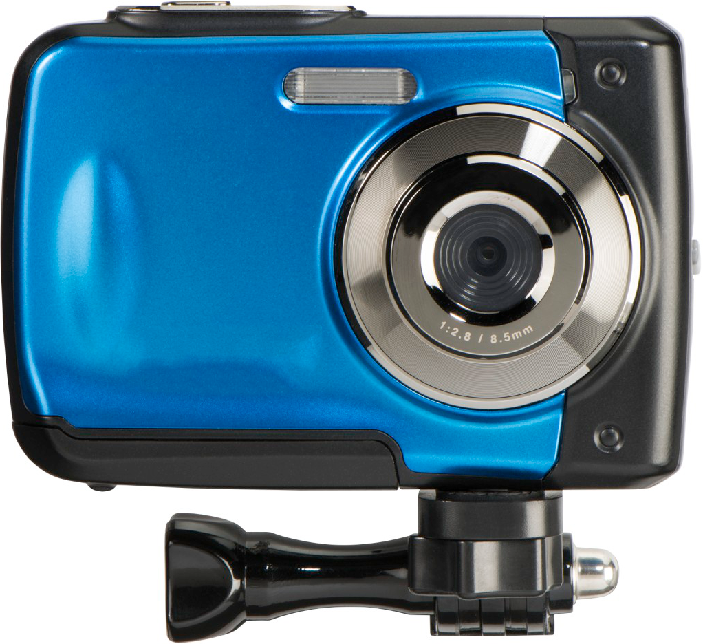 Blaue Action-Kamera mit Halterung. Schwarze und silberne Akzente. Weißer Hintergrund.