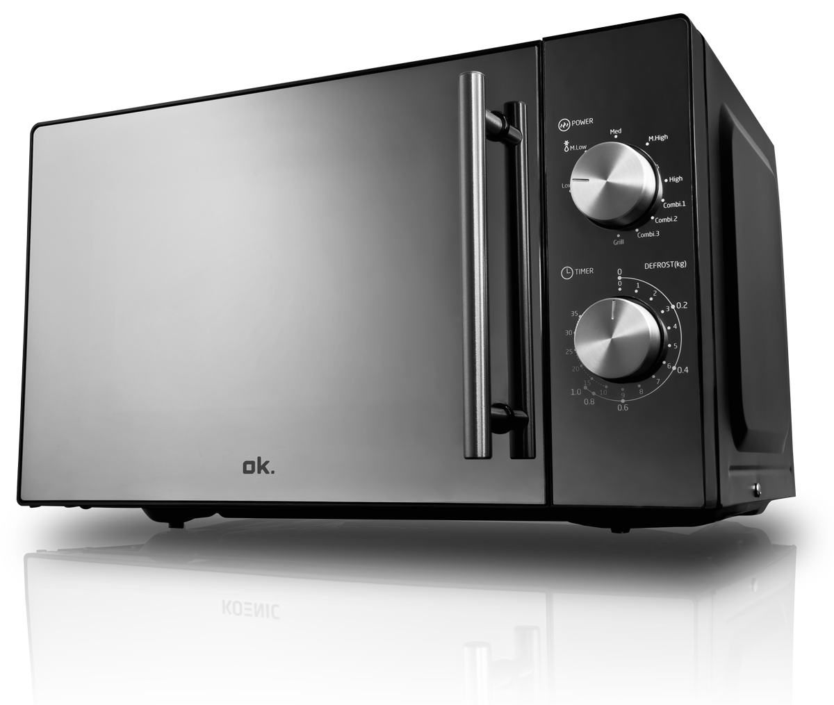 Un four à micro-ondes argenté et noir avec des commandes sur le côté droit. La marque est 'ok'.