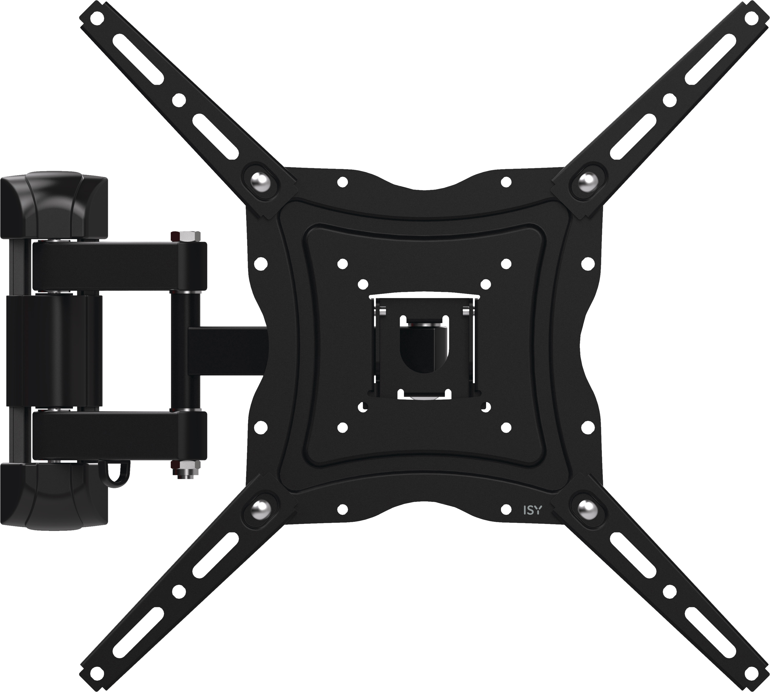 Supporto a parete TV nero con bracci multipli e fori per viti, vista dall'alto.