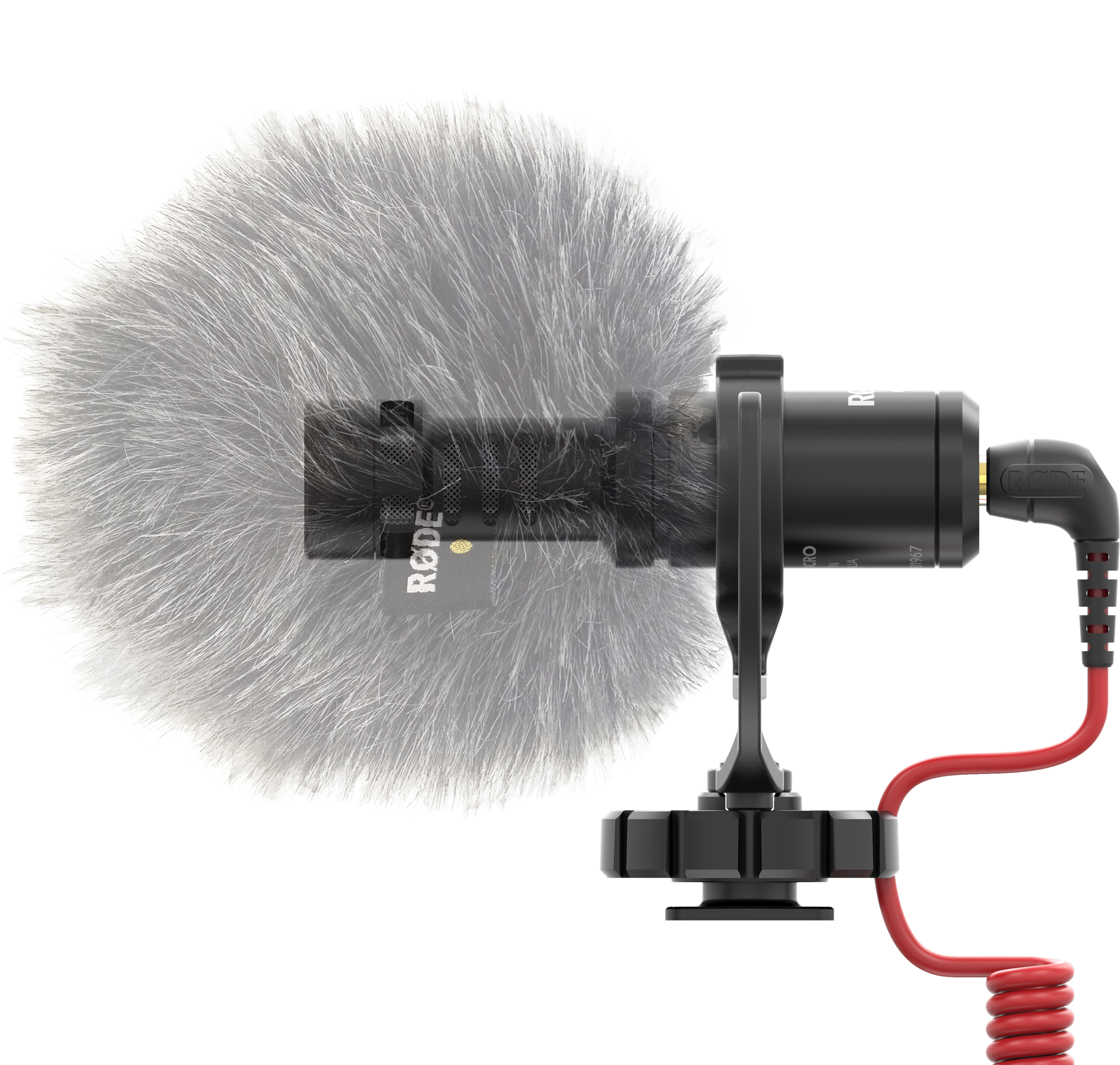 Schwarzes Mikrofon mit Fell-Windschutz. Rotes Kabel.