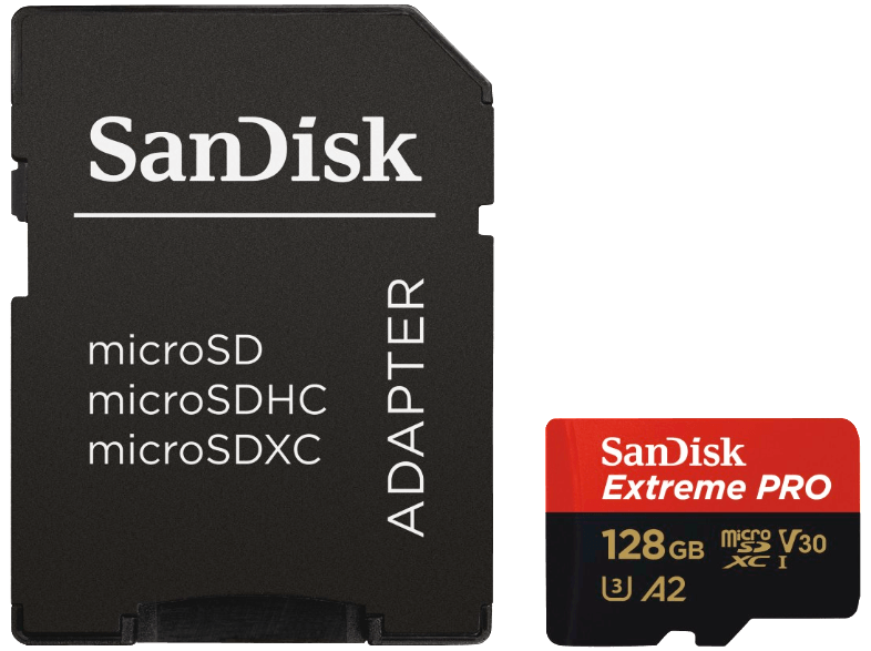 Tarjeta SD SanDisk negra con adaptador y micro SD. Tarjeta Extreme Pro roja y negra de 128 GB.