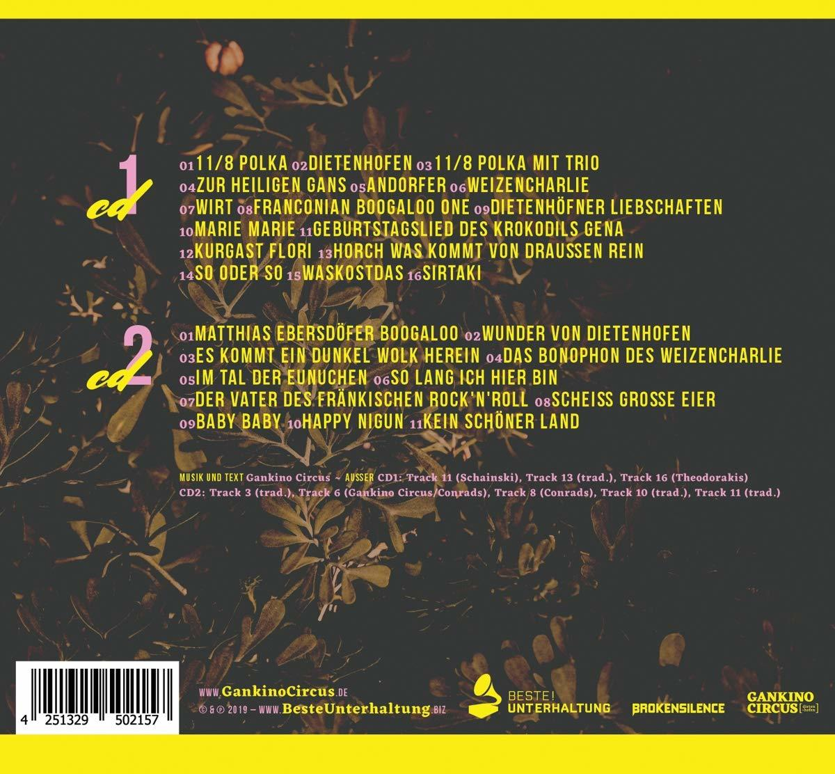 Rückseite einer CD-Hülle mit Titellisten und Logodetails in mehreren Farben.