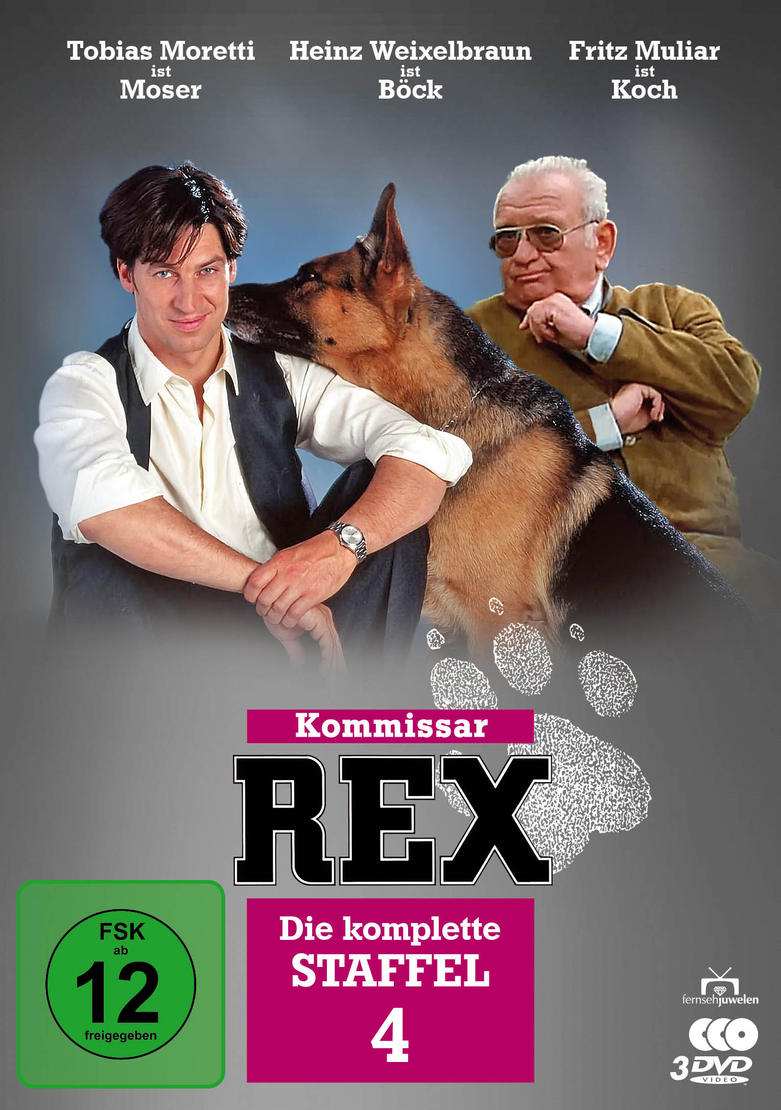 Cover für Kommissar Rex, mit drei Männern und einem Hund. Der Titel steht unten.