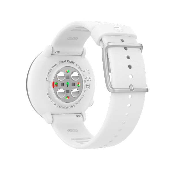 Smartwatch blanca con correa blanca. La parte inferior es visible con sensores y una hebilla plateada.